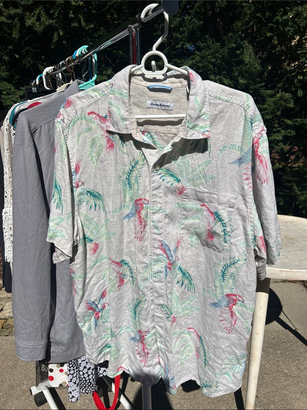 Tommy Bahama Light Gray Short-Sleeve Button-Down with Multicolor Tropical Print